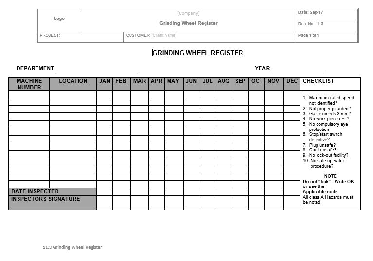 11.8 Grinding Wheel Register